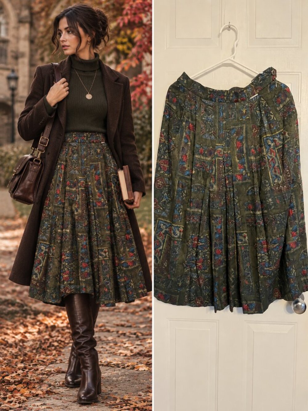 Geiger Green Multicolor Tapestry Floral Pleated Midi Skirt Cottagecore 40